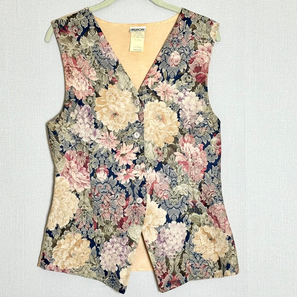 Vintage‎ Ardmore Cream Tapestry Floral Brocade Vest Waist Coat Cream Womens Med